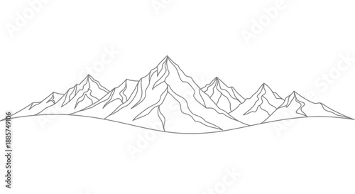 Hand drawn sketch of a majestic mountain range with jagged peaks and sharp ridges against a clean white background