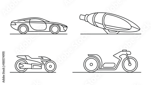 Futuristic Vehicle Designs: Sleek and innovative illustrations showcase a range of cutting-edge vehicle concepts, including a streamlined sports car, a futuristic pod-shaped vehicle.
