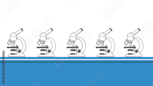 A neat row of five scientific microscopes, standing uniformly on a blue surface, symbolizing research and discovery against white.