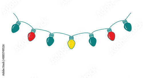 A string of colorful vintage style christmas lights in red green blue and yellow with a white background
