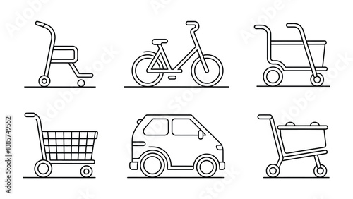 Essential Transport: An assortment of line art illustrations, meticulously crafted, that highlight core means of movement. Featuring a wheelchair, a bicycle, a car, and shopping carts