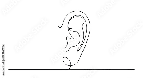 Minimalist continuous line drawing of a human ear symbolizing listening hearing and auditory perception in a simple artistic style