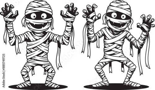 Two cartoon mummies with bandages, smiling and reaching out, black and white vector illustration for Halloween.