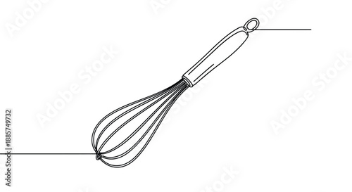 Minimalist single line drawing of a kitchen whisk with a simple handle and wire loops on a clean white background