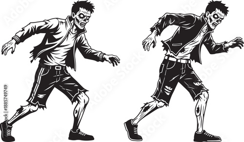 Two stylized zombies in ripped clothes, walking with determined steps, black and white vector illustration.