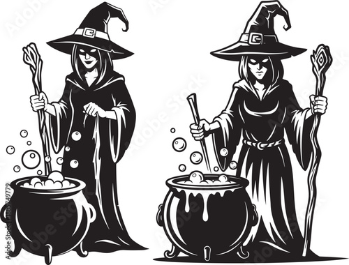 Two black and white witches brewing potions in cauldrons with staffs, mysterious and magical vector illustration.