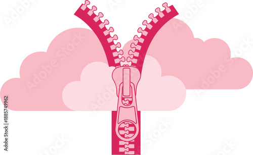 Giant pink zipper opening pink clouds in sky, creative weather or atmosphere transition concept, abstract