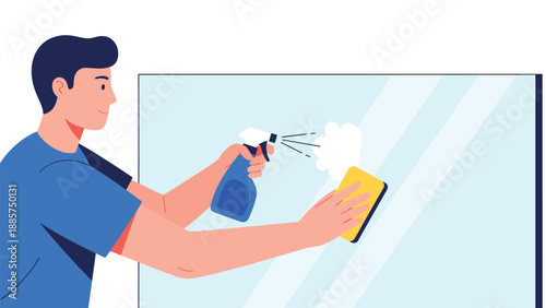 A person diligently cleaning a large glass surface with a spray bottle and a yellow sponge, ensuring a spotless and clear finish.