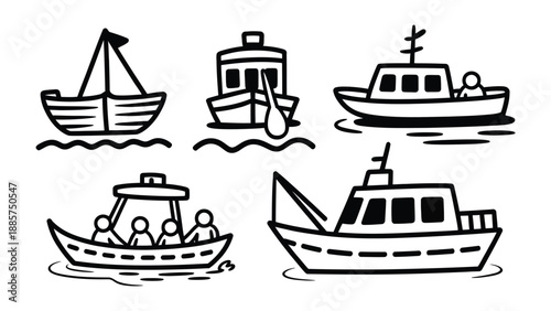 Variety of Boats Illustration: Five uniquely designed boats of varying shapes and sizes, each representing a distinct mode of watercraft, showcasing diverse maritime design.