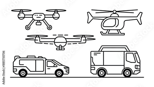 Drone Technology and Transportation Icons: Explore the future of logistics with this graphic set showcasing drones and various transport vehicles, all designed with clean lines and a modern aesthetic.