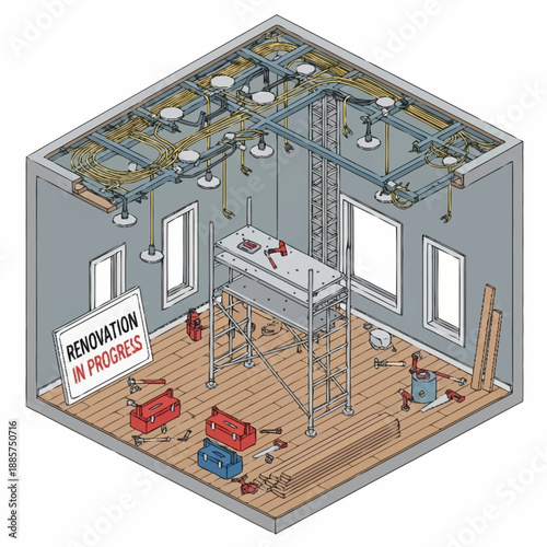 Isometric View of Renovation in Progress Room.