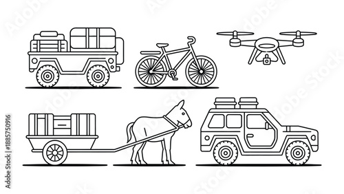 Transportation Collection Icon Set: A collection of various means of transportation, showcasing the evolution and diversity of travel options in a modern world.