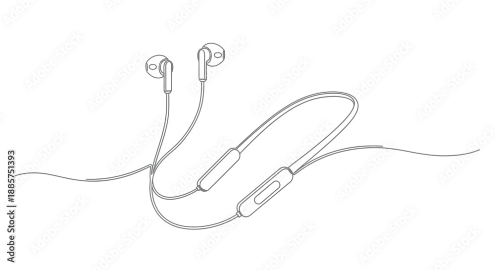 Obraz premium Hand drawn sketch illustration of modern wireless bluetooth neckband earphones with integrated microphone and controls on a white background