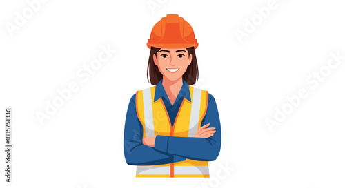 Confident and smiling female construction worker wearing a bright orange hard hat and a safety vest, with arms crossed, symbolizing strength, professionalism, and women in trades.