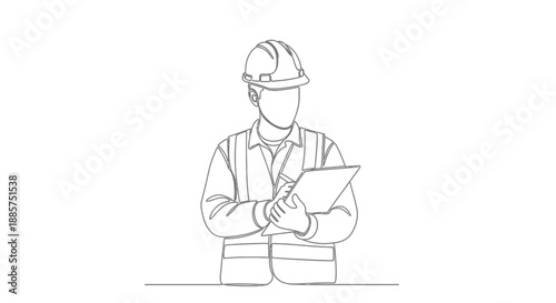 Minimalist line drawing of a construction worker wearing a hard hat and vest holding a clipboard for inspection or planning