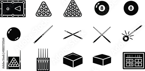Billiards, pool, or snooker with table with pockets and  eight-ball pool vector icons illustration.  