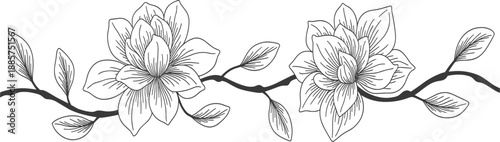 Vintage hand drawn floral branch sketches with blooming flowers, botanical line art for elegant wedding decor