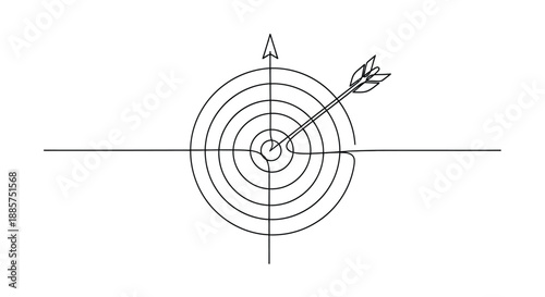 Illustration of a dart hitting the bullseye on a circular target with concentric rings and crosshairs on a white background