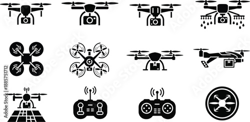 Drones or unmanned aerial vehicles (UAVs) and their equipment icons vector