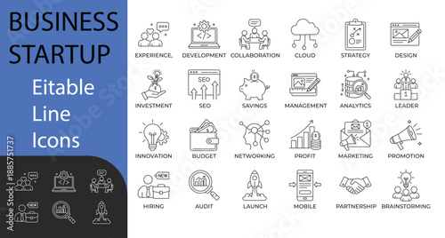 Business Startup Line Icon set. Contains symbols for Business Partnership, Strategy, Success, and Management. Line vector design for corporate presentations and workflow.