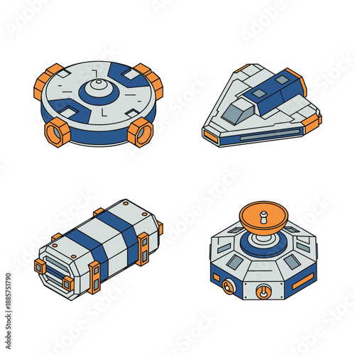 Futuristic space station modules and spaceship parts set, isometric science fiction technology components, cosmic exploration equipment icons for game design
