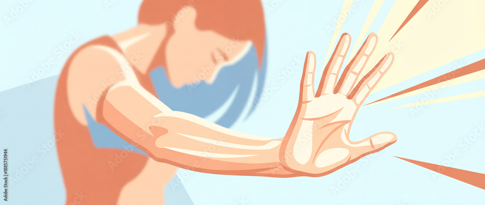Fototapeta premium A woman's outstretched hand illustrating a self-defense situation. Stop violence against women. International Women's Day