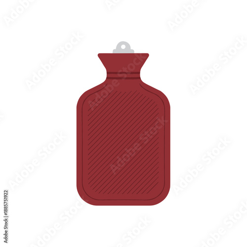 Classic rubber hot water bottle in dark red color with grooved texture flat vector illustration for healthcare comfort and winter warmth concept
