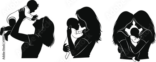 ,  Black silhouette illustrations of emotional woman expressions showing stress sadness and anxiety concept for mental health awareness vector design