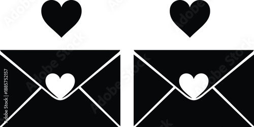 Romantic black envelopes with heart icons for Valentine’s Day, love letters, emotional messages, wedding invitations, and romantic communication themes.
