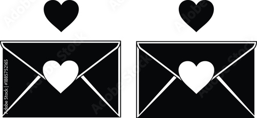 Minimalist black envelopes with white hearts and floating black hearts symbolizing love, romance, affection, and emotional communication in vector art.