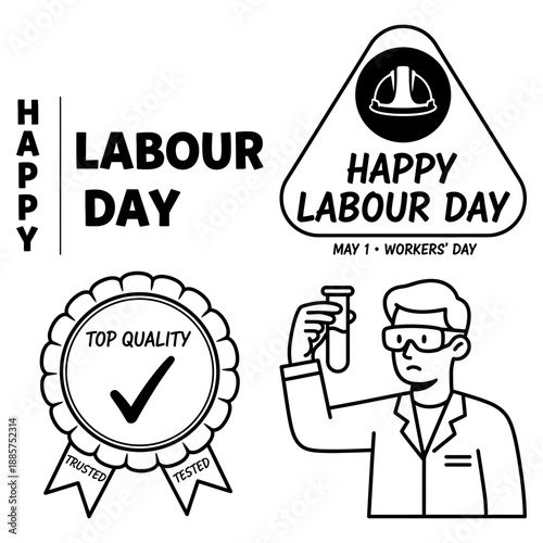 Happy Labour Day black and white silhouette set with forklift operator scientist and dentist