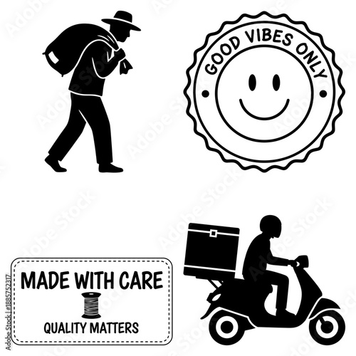 Happy Labour Day black and white silhouette set with farmer cleaner and masked service worker
