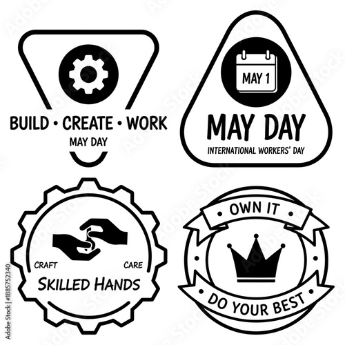 Happy Labour Day silhouettes featuring drone operator delivery worker and remote pilot in black and white