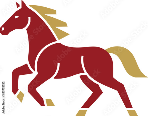 Stylized illustration of a rearing horse in deep red and gold colors, suitable for logos or emblems