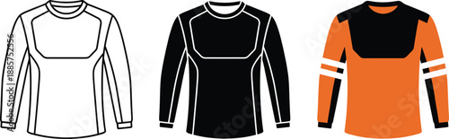 Three different long sleeve compression shirt designs outlines silhouettes and color versions templates