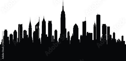 Modern black silhouette of a city skyline with tall skyscrapers, urban architecture, business district buildings, travel and cityscape background for design, print, and digital projects