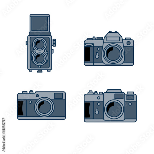 Collection of Vintage Analog Cameras and Twin Lens Reflex Retro Photography Equipment Flat Vector Illustration for Creative Hobbies