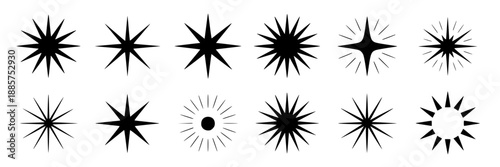 A grid of 12 small black starburst and sparkle graphic elements with different numbers and lengths of rays on a white background