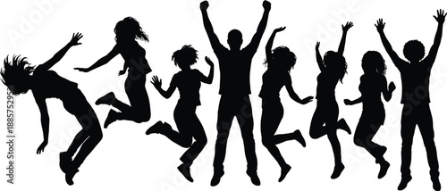 Silhouette illustration of a diverse group of people jumping and celebrating together, expressing energy, joy, freedom, excitement and a positive active lifestyle in a dynamic group concept