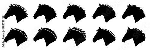 Collection of ten black horse head silhouettes with different mane styles, facing left on a white background