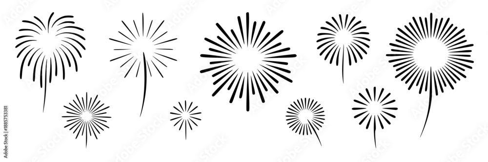 Fototapeta premium A collection of stylized black line art fireworks and dandelion puffball graphics on a plain white background, arranged horizontally across the bottom.