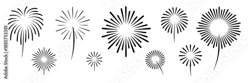 A collection of stylized black line art fireworks and dandelion puffball graphics on a plain white background, arranged horizontally across the bottom.