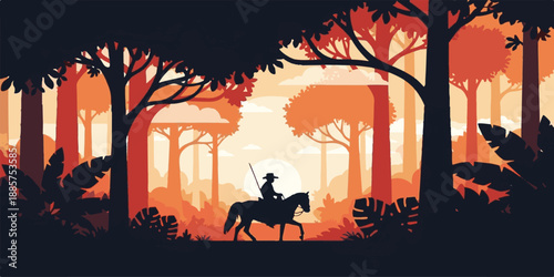 Vector illustration of a horse family silhouette against a forest fire at sunset with a black nature landscape under a smoky night sky