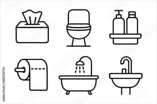 Simple line icons depicting common bathroom fixtures and hygiene essentials