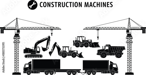 Construction machinery silhouettes with cranes excavators loaders trucks and heavy equipment illustration for industrial building engineering and logistics concepts