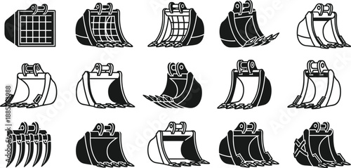 Excavator bucket attachment icon set showing various heavy construction equipment digging tools in black and white vector style