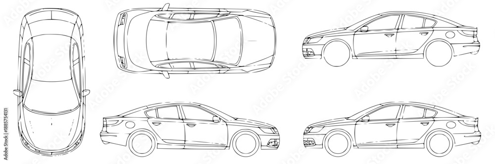 Fototapeta premium Blueprint illustration of a mid‑size sedan's engine compartment, showing labeled pistons, valves, and fuel system in schematic detail.