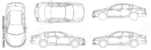 Blueprint illustration of a mid‑size sedan's engine compartment, showing labeled pistons, valves, and fuel system in schematic detail.
