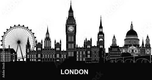 London city skyline silhouette featuring Big Ben London Eye and iconic landmarks for travel tourism urban architecture design