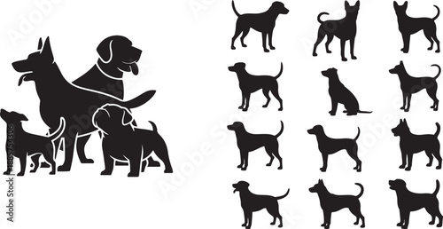 Set of Standing black dog icon silhouette vector illustration with white background.